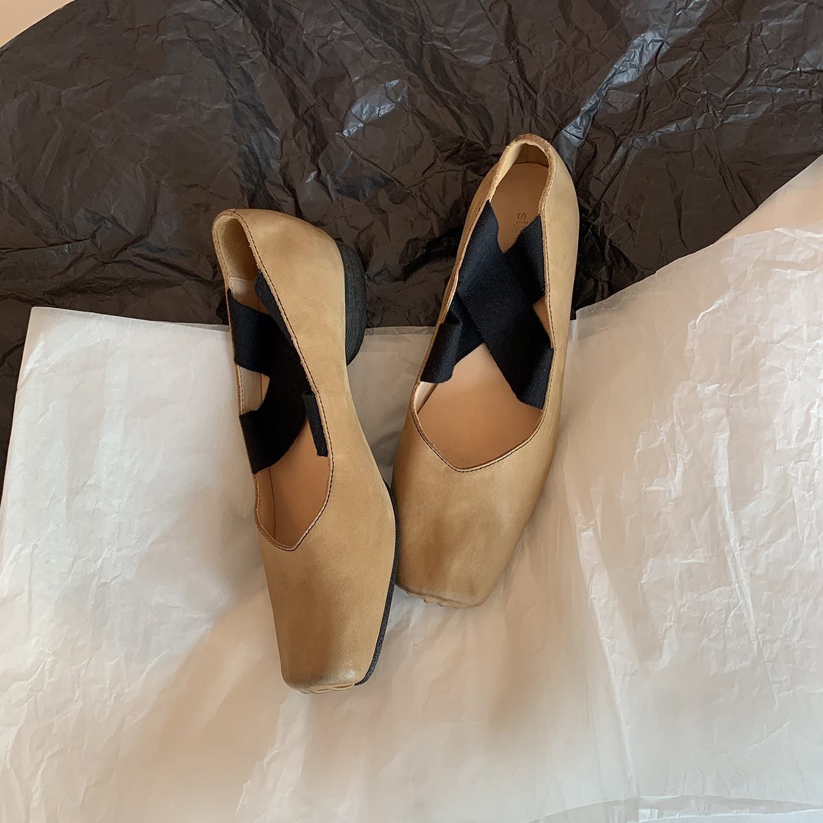 UMA WANG Sheepskin Square Head Ballet Shoes with Crossed