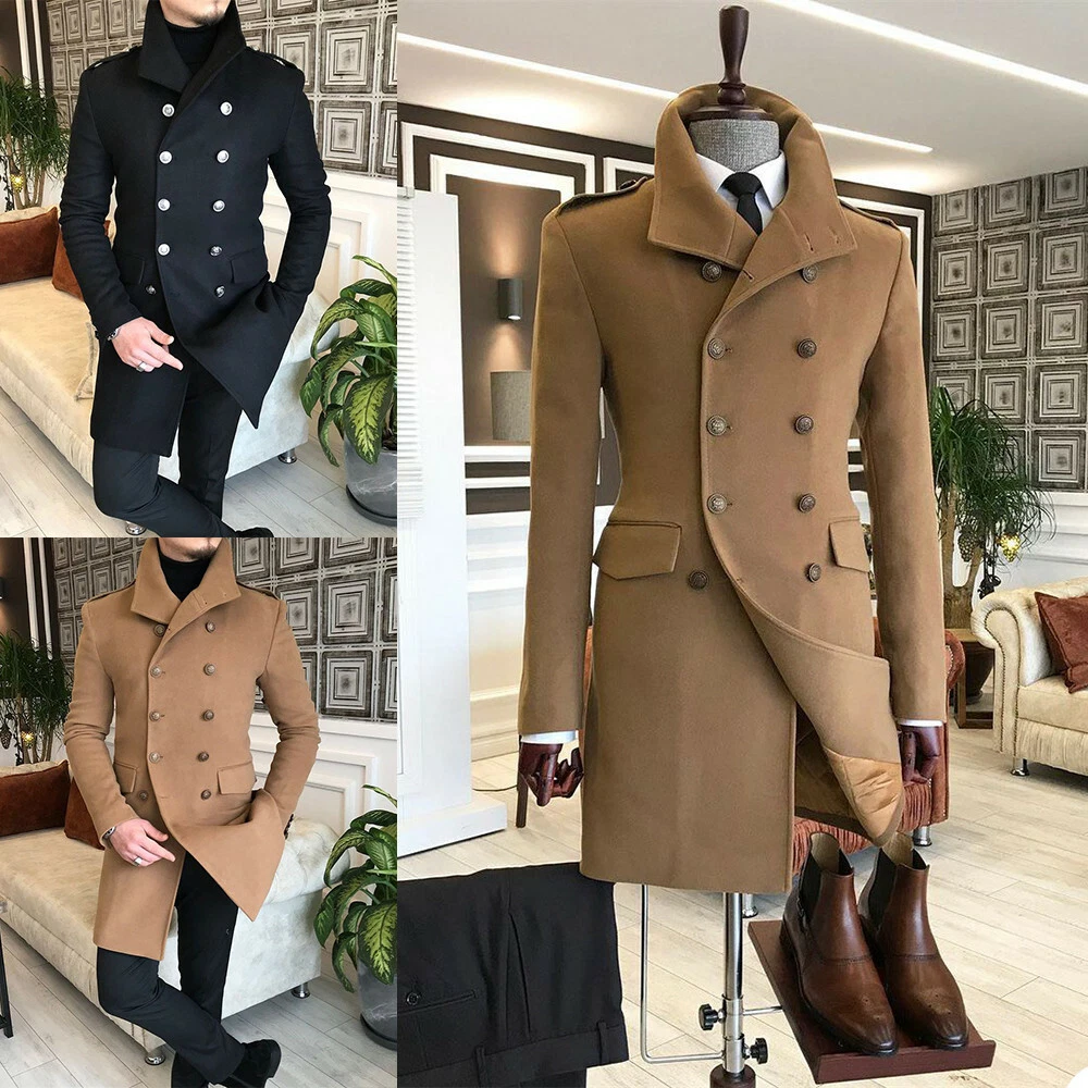 Men Wool Blend Pea Coat Long Double-breasted Overcoat Winter Thick Warm Jacket