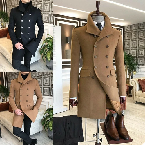 Men Wool Blend Pea Coat Long Double-breasted Overcoat Winter Thick Warm Jacket - Picture 3 of 14