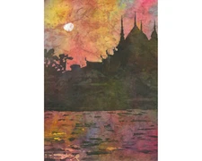 Watercolor batik painting of Thai temple silhouetted at sunset Bangkok (print)