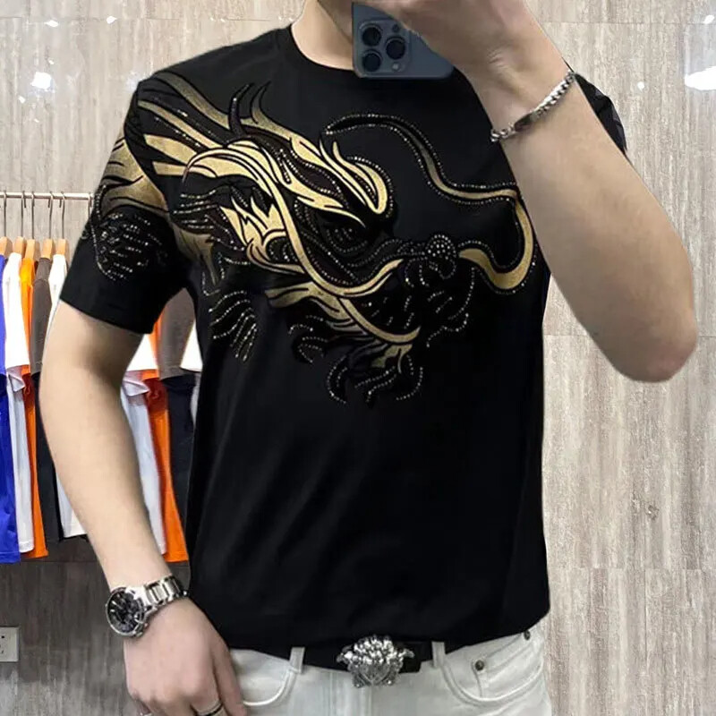 New Fashion Dragon Trend Rhinestone Summer Short Sleeve Luxury