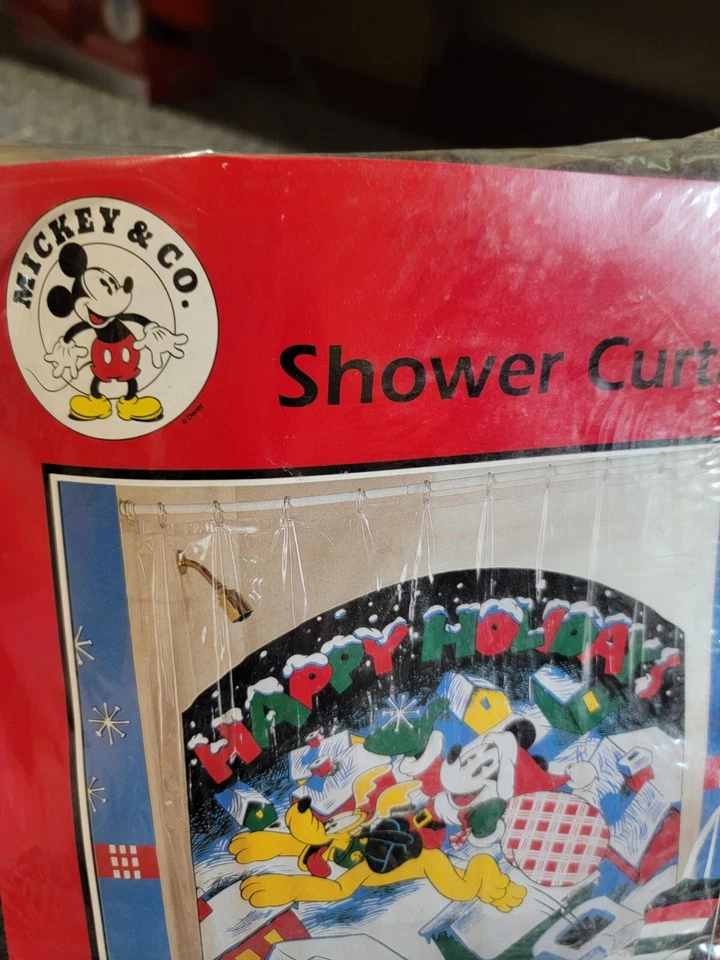 Cortina de ducha vintage Disney Mickey Mouse Plutón Felices Fiestas Navidad  Foto 4 de 4