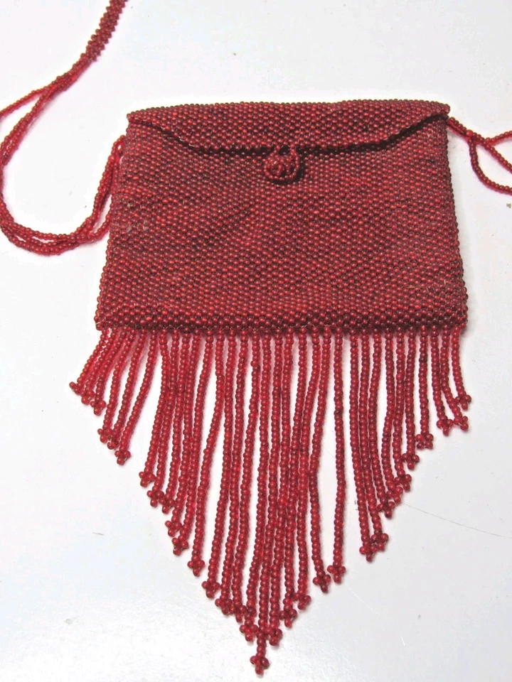 Vintage Red Beaded Art Deco Purse Flapper Tassel Hand Bag Shoulder Purse #P16 - Image 2 of 4