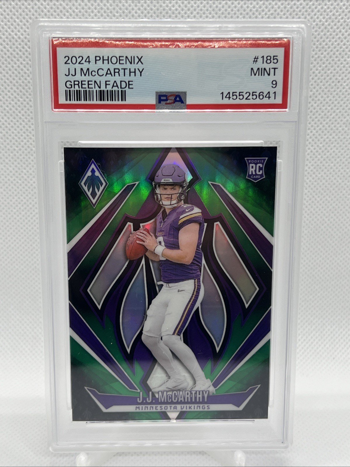 2024 Panini Phoenix - Rookies J.J. McCarthy #185 Green Fade /199 (RC) PSA 9