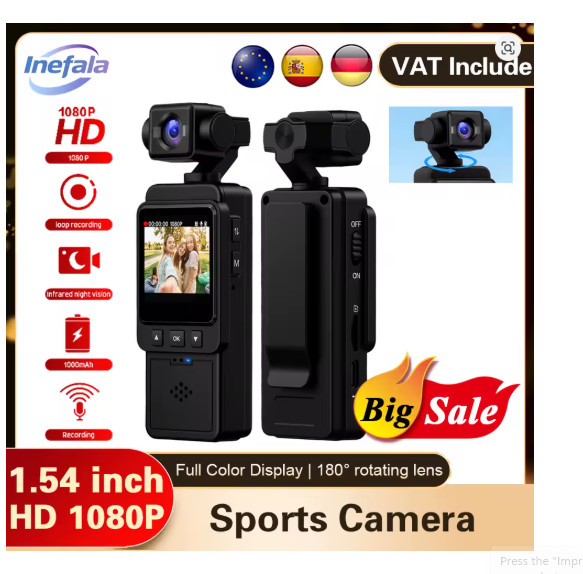 Caméra de poche 1080P objectif 180 pour enregistrement vidéo de sport fluide