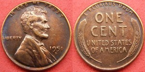 1951 D. Lincoln Wheat Cent / Penny / Re-punched Mint Mark
