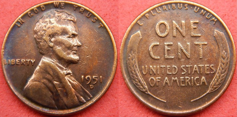 1951 D. Lincoln Wheat Cent / Penny / Re-punched Mint Mark