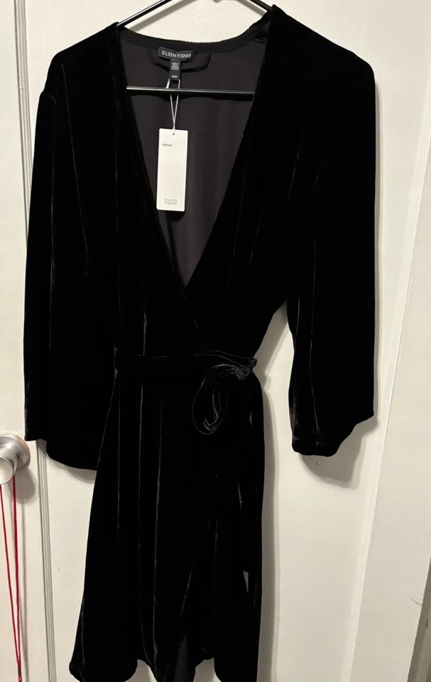 Vestido Eileen Fisher Medio Negro Terciopelo Rayón Seda Envolvente Nuevo con Etiquetas Foto 3 de 4