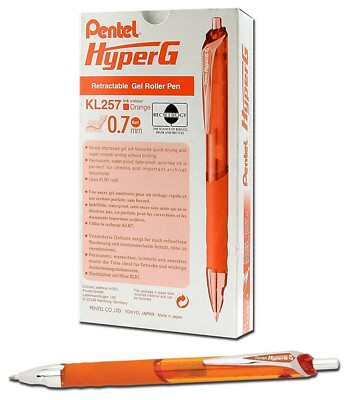 NEW Pentel HyperG Retractable Gel Roller Pen ORANGE INK .7mm 12-PACK Box KL257-F