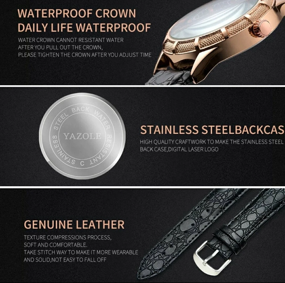 Reloj de cuarzo YAZOLE para hombre. Reloj calendario cinturón cuero impermeable de lujo 45 mm. Foto 2 de 4