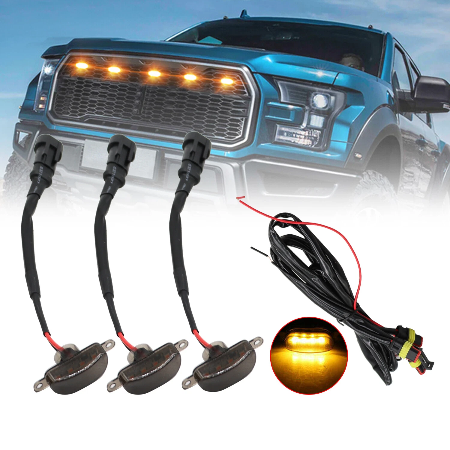 Raptor Style Smoked Amber LED Grill Lights Kit For Ford F150 Truck SUV
