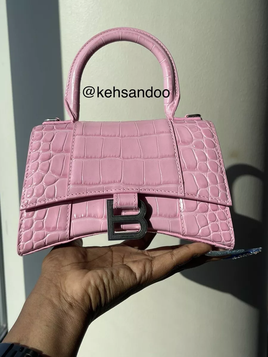 Balenciaga Hourglass Handle Bag Crocodile Embossed Leather Pink Preloved  NWOT