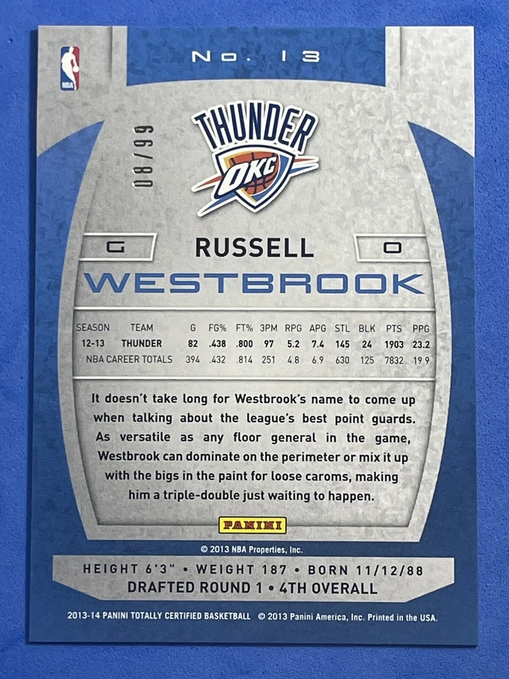 2013-14 Totally Certified Red Russell Westbrook 88/99 #13 Thunder Lakers *Rare* - Image 2 of 4