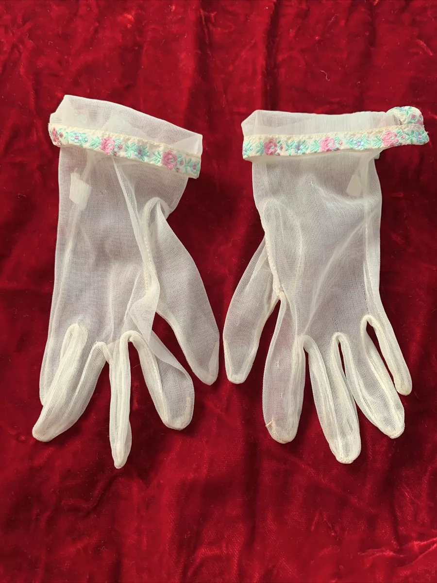 Vintage 1950 s Sheer Nylon Little Girl s Gloves Embroidered Size 2 Off White