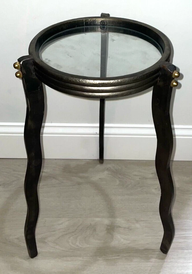 20" Stamped Designer WILL STONE Post-Modern Steel Metal & Glass Accent Table - Image 2 of 4