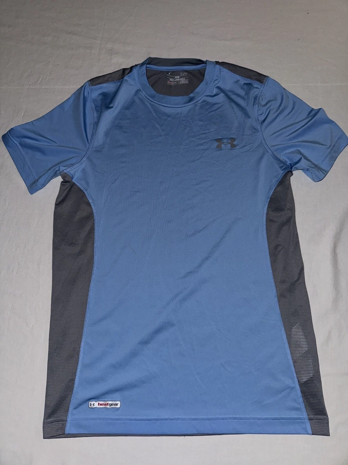 Under Armour Fitted Heat Gear Gray/ Blue UA Logo Mens Small Active Tee T-Shirt