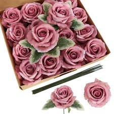 16pcs Pink Velvet Rose Artificial Flowers 3.93" Velvet Artificial Rose with S...