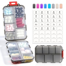 14 GRIDS Travel Pill Organizer Box with Labels - Travel Medicine Case Kit - P...