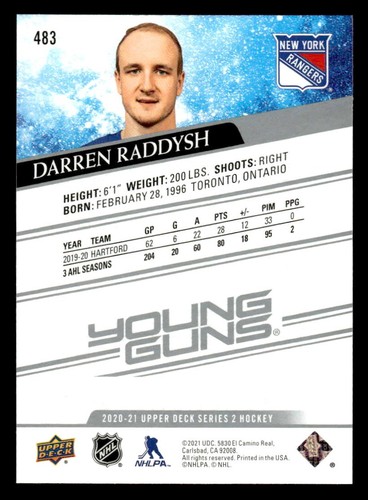 2020-21 Upper Deck - #483 Darren Raddysh RC - New York Rangers - Picture 2 of 2