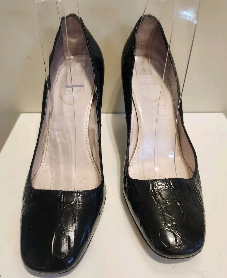 Emilio Pucci Black Patent Leather Croc Print Square Toe Pumps Sz.6.5/36.5 $595 - Image 3 of 4