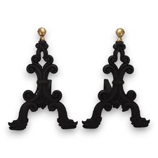 Cast Iron 13" Christmas Tree Andirons Brass Finials Fireplace Antique 1840's