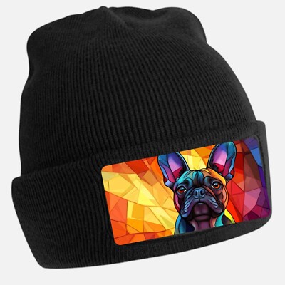 Black Cool Bulldog Print Beanie Hat - Unisex Cap, Cotton
