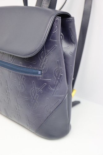 Vintage Yves Saint Laurent YSL All Over Pattern Backpack Bag Navy Leather Charm - Picture 3 of 24
