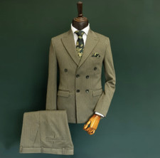 Green Men's Suits Striped Double Breasted Peak Lapel Tuxedo Groom Wedding 2 Pcs