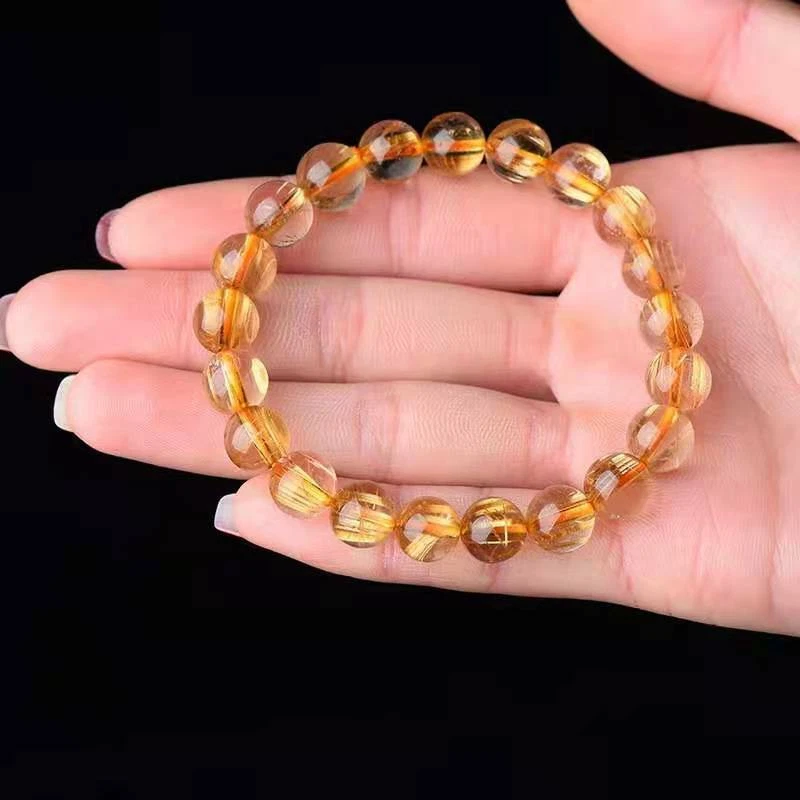 8mm Natural Gold Rutilated Quartz Crystal Round Beads Bracelet AAAAA - Image 2 of 4