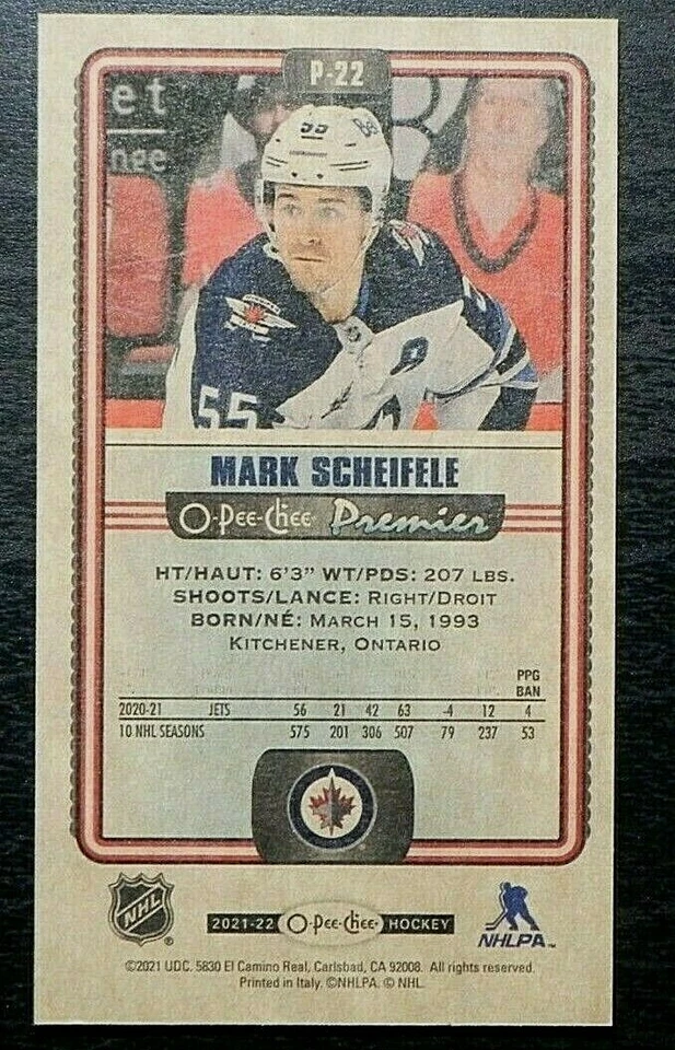 2021-22 21/22 O-Pee-Chee Premier Tallboys P-22 Mark Scheifele Winnipeg Jets - Image 2 of 2