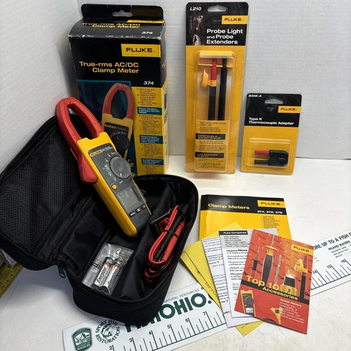 FLUKE 374 TRUE-RMS AC/DC CLAMP METER / PROBE LIGHT/ TYPE K ADAPTOR/ CASE