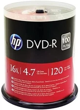 100 HP  DVD-R DVD 16X Blank 4.7GB White Inkjet Printable Disc Spindle Cake Box