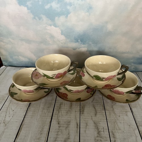 VTG SET OF 5 FRANCISCAN DESERT ROSE FLAT TEA CUPS AND SAUCERS ENGLAND - Picture 3 of 8
