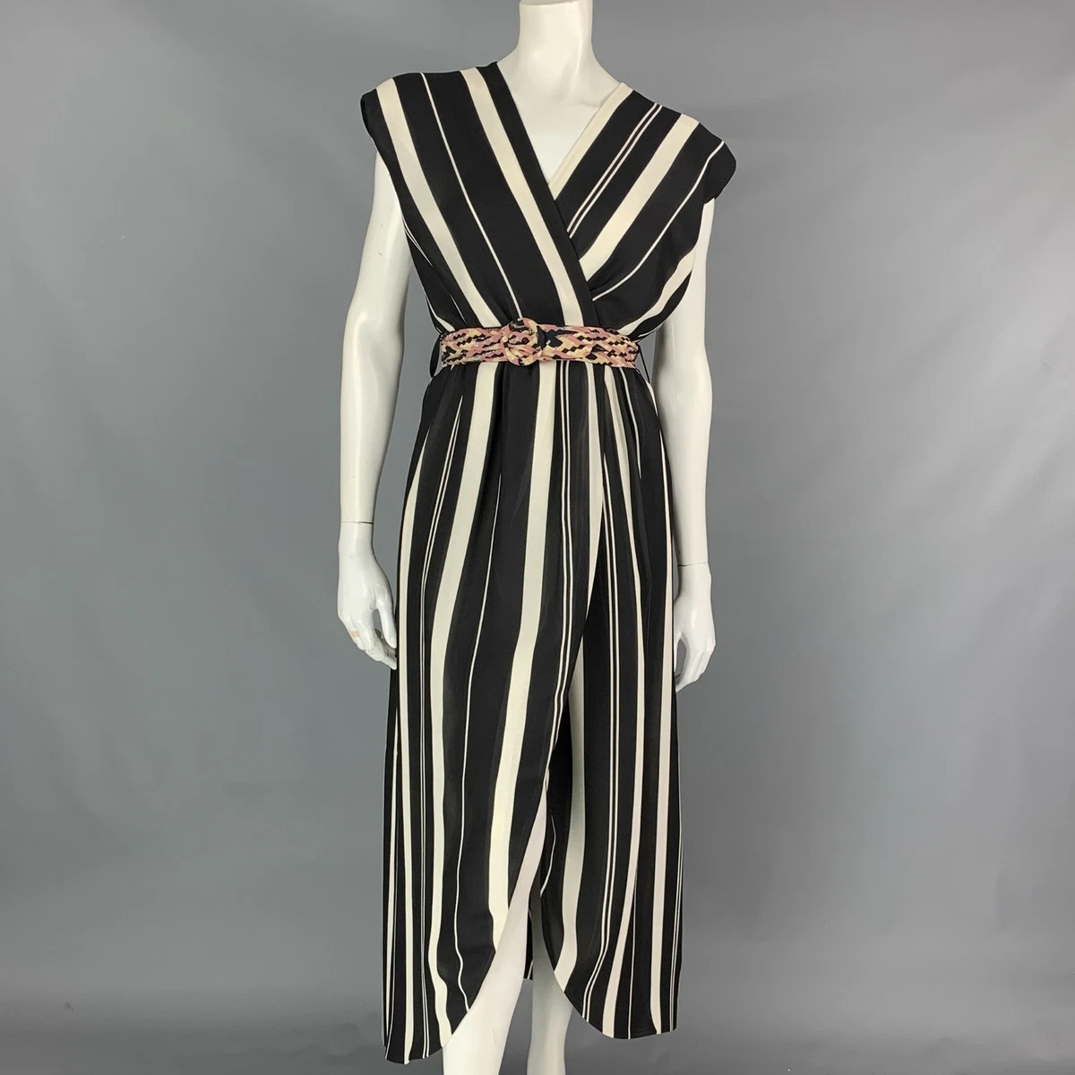 LOUIS VUITTON Size 4 Black & White Stripe Silk Sleeveless Wrap Dress