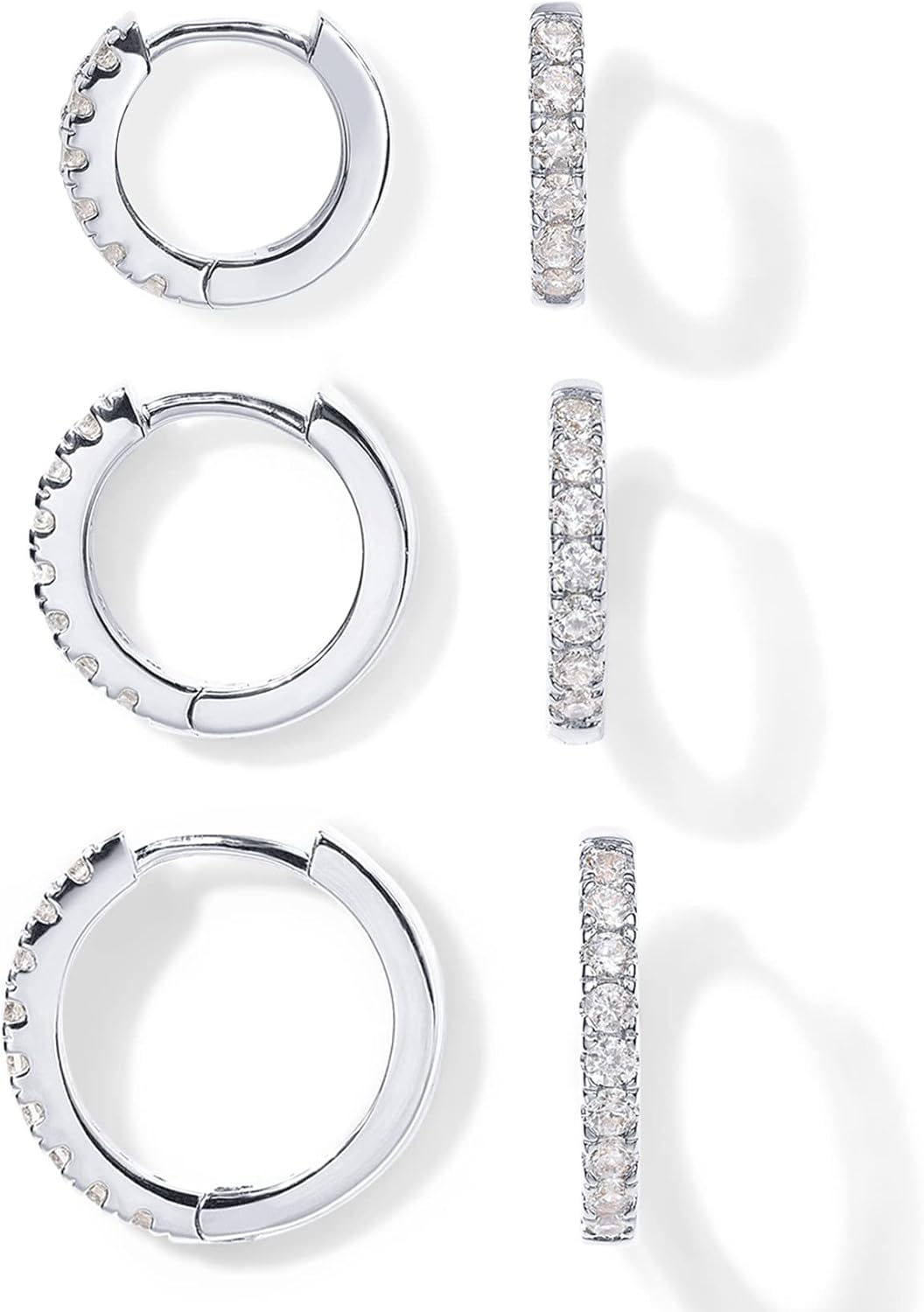 18K White Gold Huggie Earrings 8mm 10mm 12mm 3-Pack