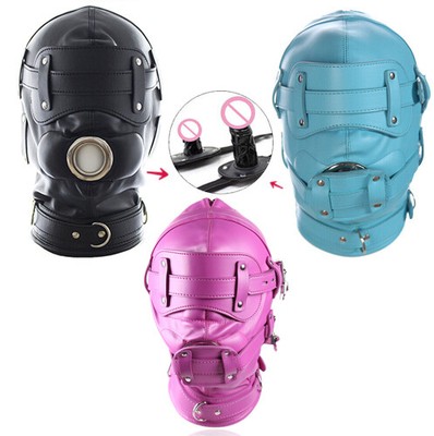 PU Leather Binding Hood Detachable Blindfold Mouth Gags Plugs Head Face Mask