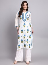 Women White Chanderi Kurti with Chikankari Embroidery