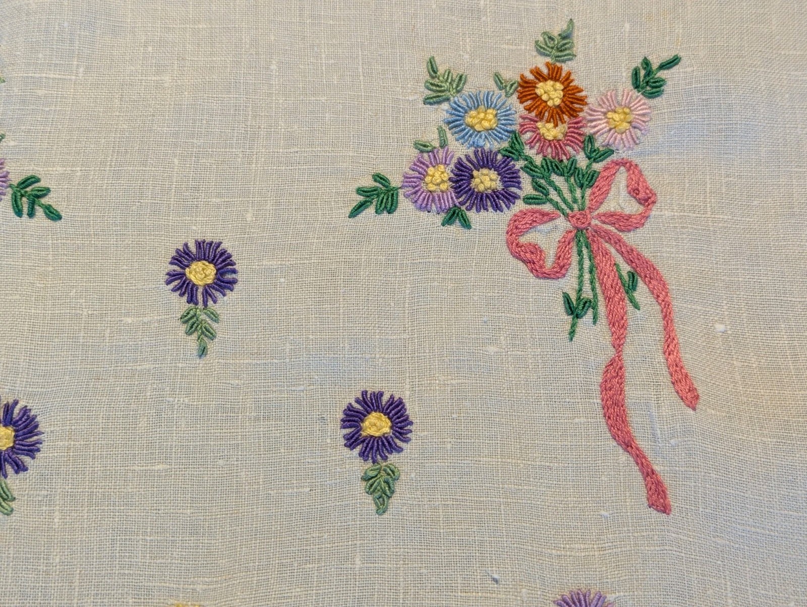 Vintage  Linen Table Runner, Buffet or Dresser Scarf.  Embroidery 41.5”x15.5”