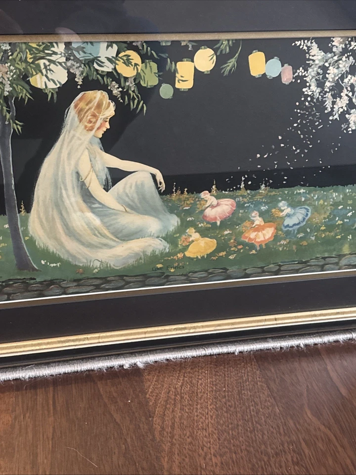 Impresión litográfica Art Deco Love Fairies 1928 enmarcada Borin Mfg Chicago vintage Foto 2 de 4