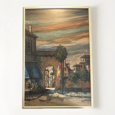 #ad #ad LARGE Vintage Oil Painting – European Street Scene Café amp; Hotel 25×38” Signed $145.00