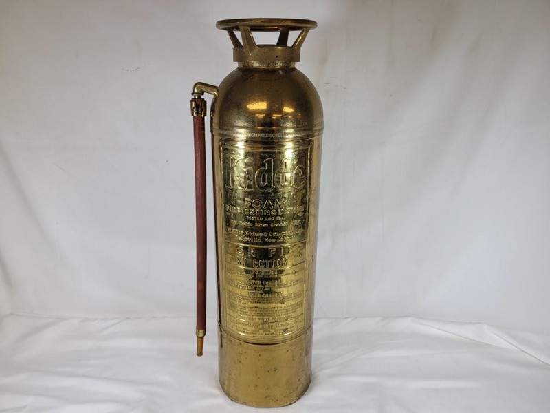 Vintage Brass 24.5" Kidde Fire Extinguisher with Red Hose- Empty, Very Good