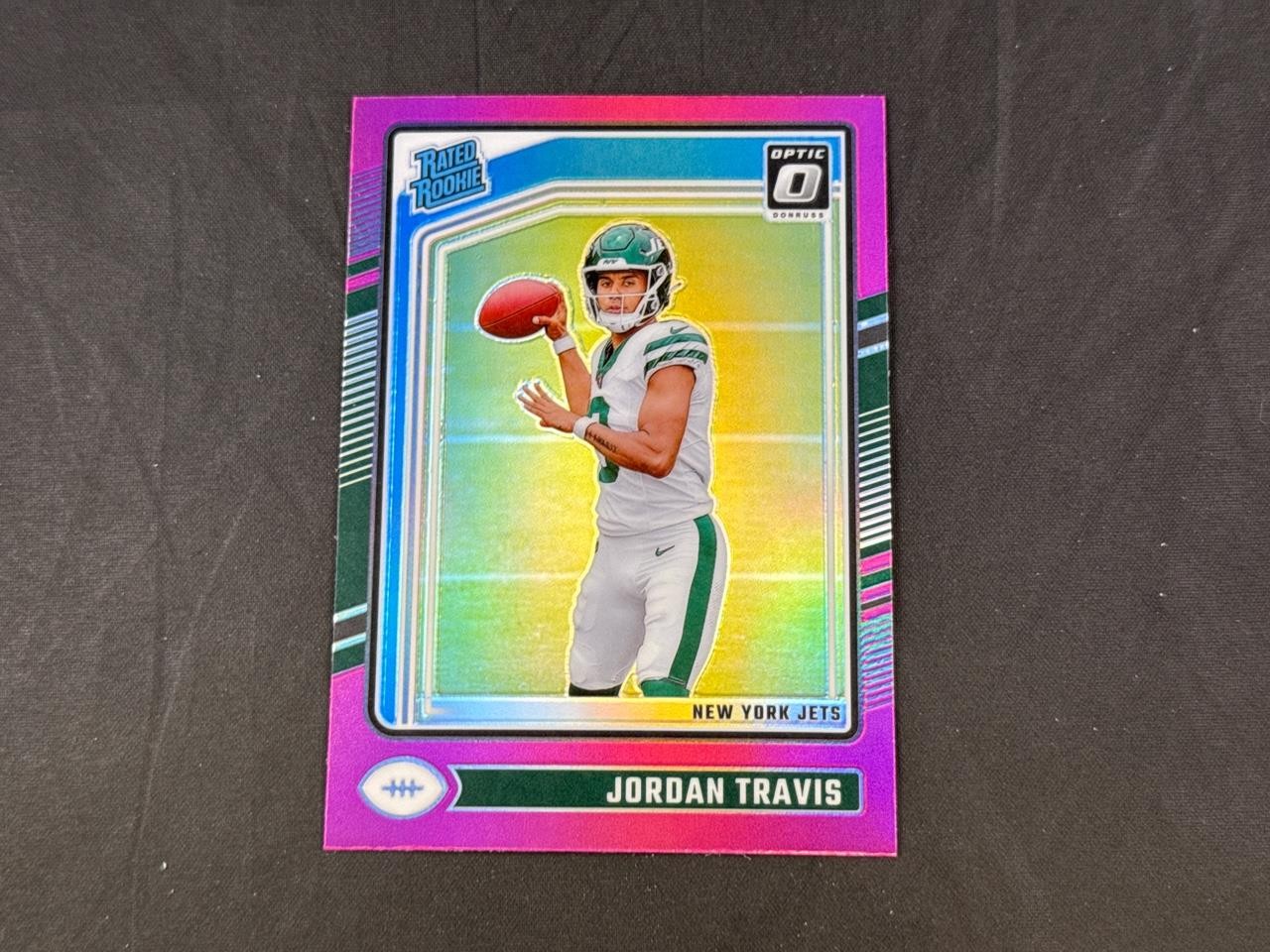 2024 PANINI DONRUSS OPTIC JORDAN TRAVIS #260 RATED ROOKIE PINK PRIZMS SP JETS RC