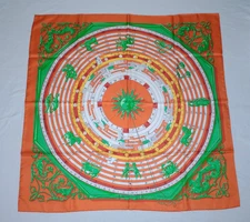 Hermès Silk Scarf 90cm Dies et Hore Astrologie - by F. Faconnet Orange & Green