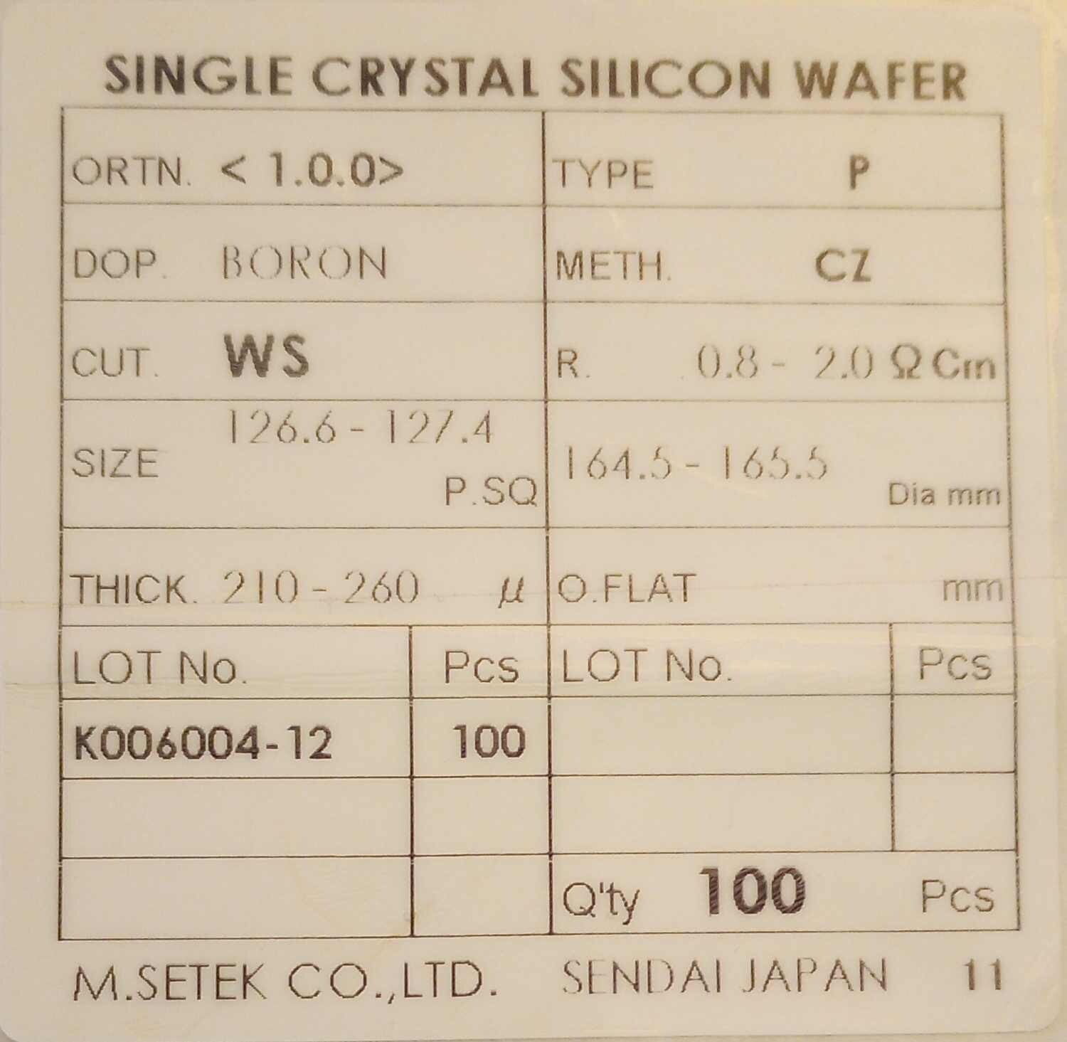 Single Crystal Silicon Wafer 127mm - 5" - 210um - Type P Boron - Qty 100