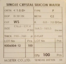Single Crystal Silicon Wafer 127mm - 5" - 210-260um - Type P Boron - Qty 100