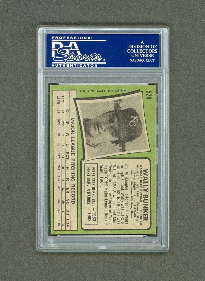 1971 TOPPS BASEBALL 528 WALLY BUNKER PSA 9 (MINT) POP 26 / ONLY 1