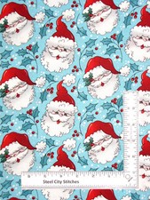 Christmas Santa Fabric 30" Length Santa Heads Toss Teal Blue Cotton Traditions