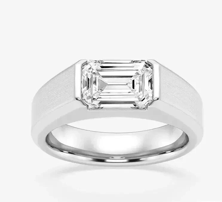 Conjunto de bisel anillo de oro blanco sólido de 14 k de diamantes cultivados en laboratorio IGI corte esmeralda de 2 quilates Foto 2 de 4