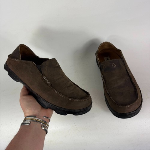 OluKai Moloā Freizeit Halbschuhe Herren 9 Braun Leder Slipper Runde Spitze Niedrig