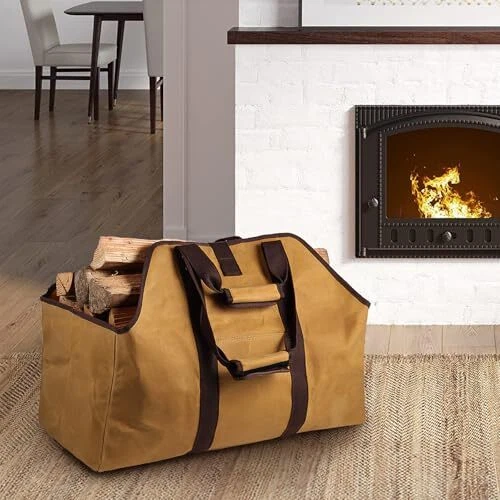 Portador de Leña Lona Encerada Extra Grande con Asas Amarillo Tierra Foto 4 de 4